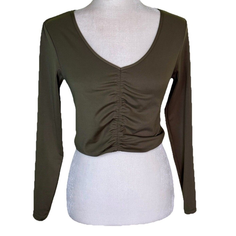 Women's Green Y2K Ruched V Neck Long Sleeve Stretch Crop Top Club/Going Out M?